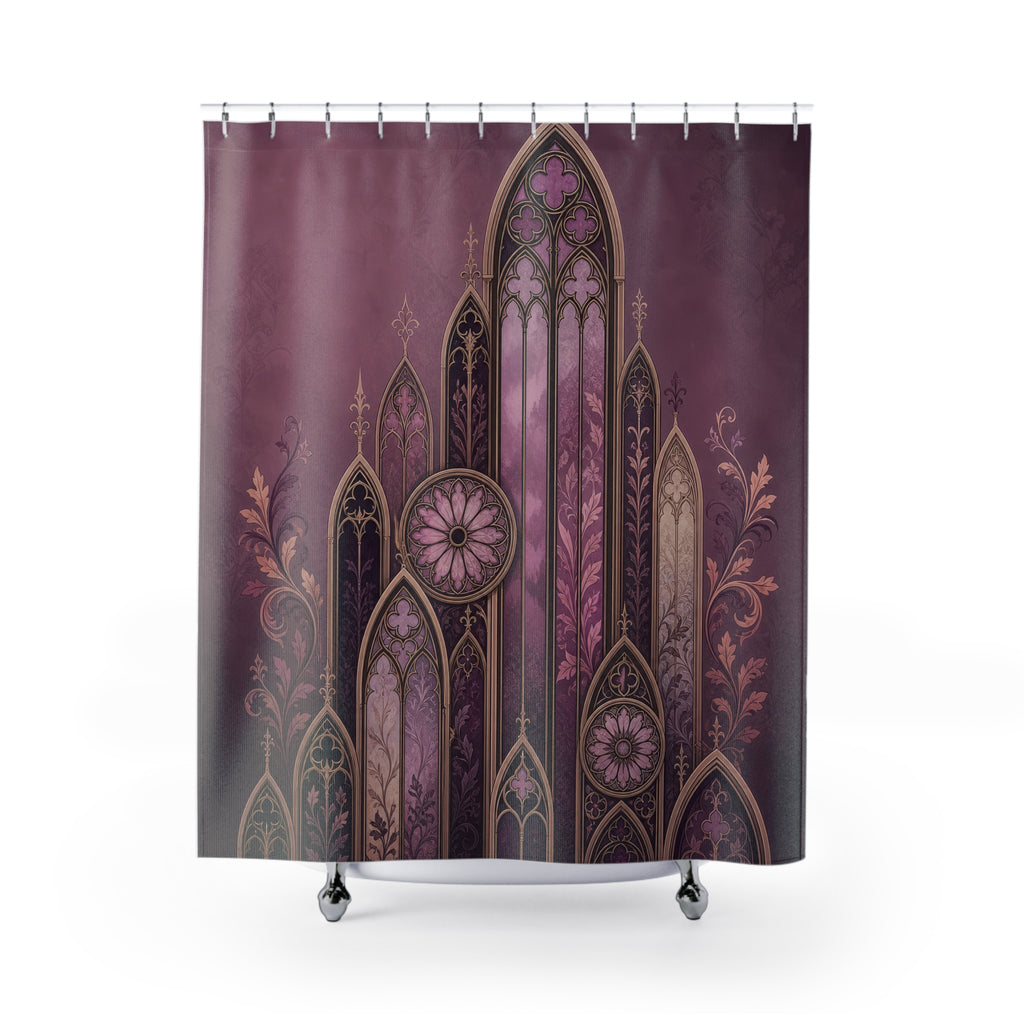 Mauve Gothic lancet arches with aubergine tracery shower curtain with full front view