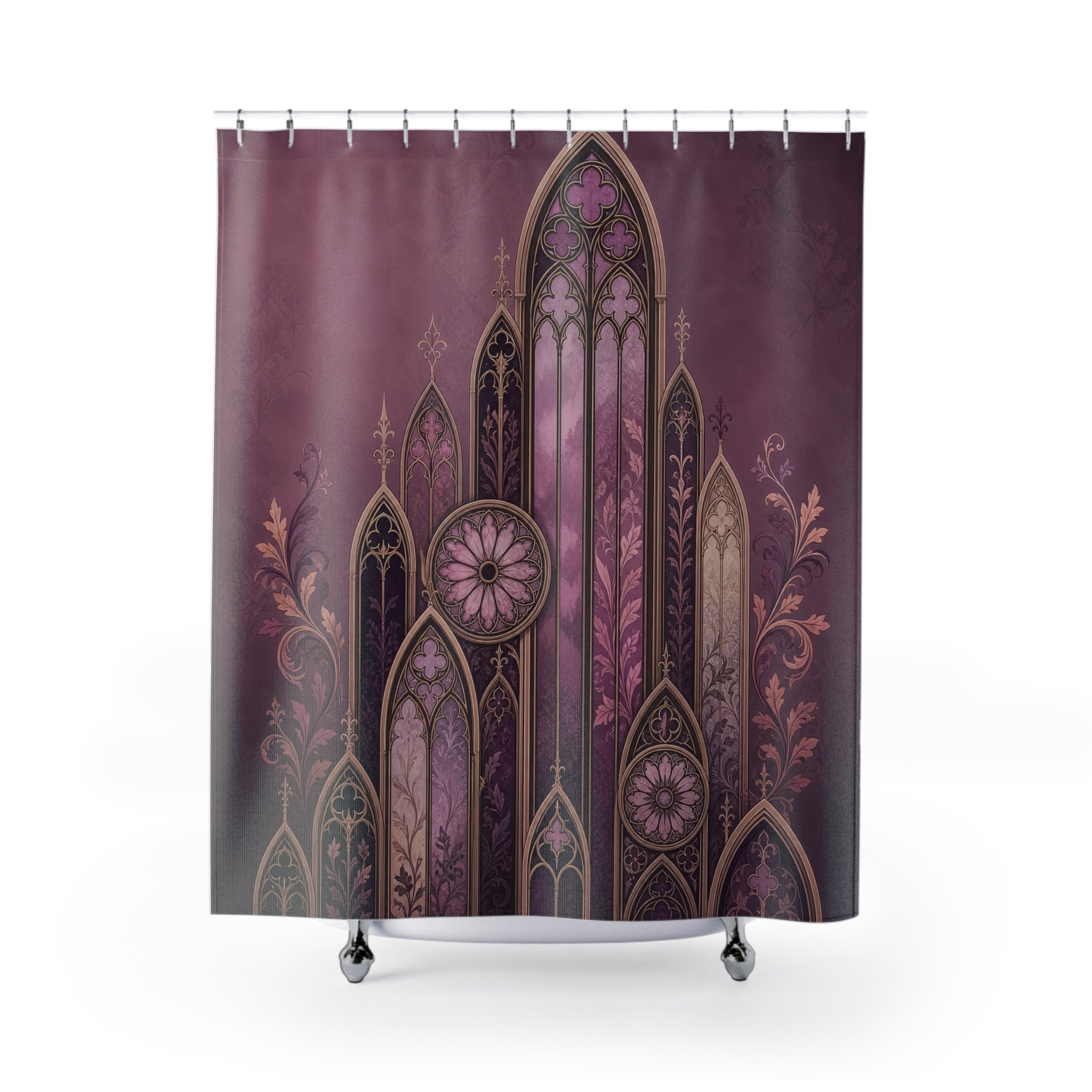 Mauve Gothic lancet arches with aubergine tracery shower curtain with full front view