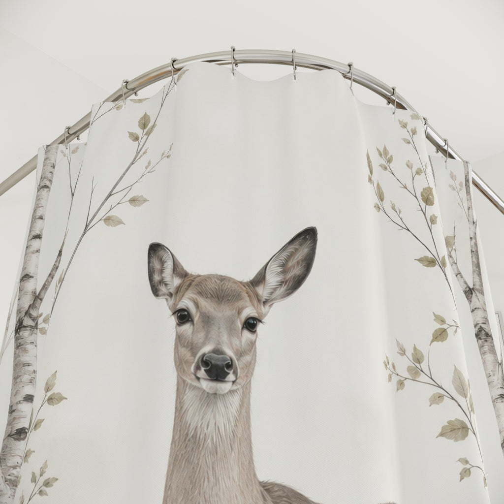 Graceful doe framed by airy birch saplings shower curtain with close-up print, hooks, and folds