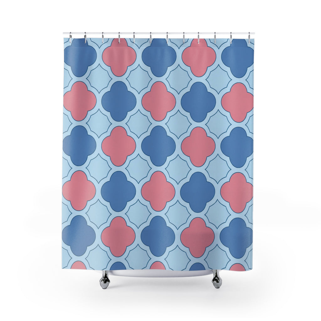 Blue and pink quatrefoils on a pale blue ground shower curtain with full front view