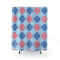 Blue and pink quatrefoils on a pale blue ground shower curtain with full front view
