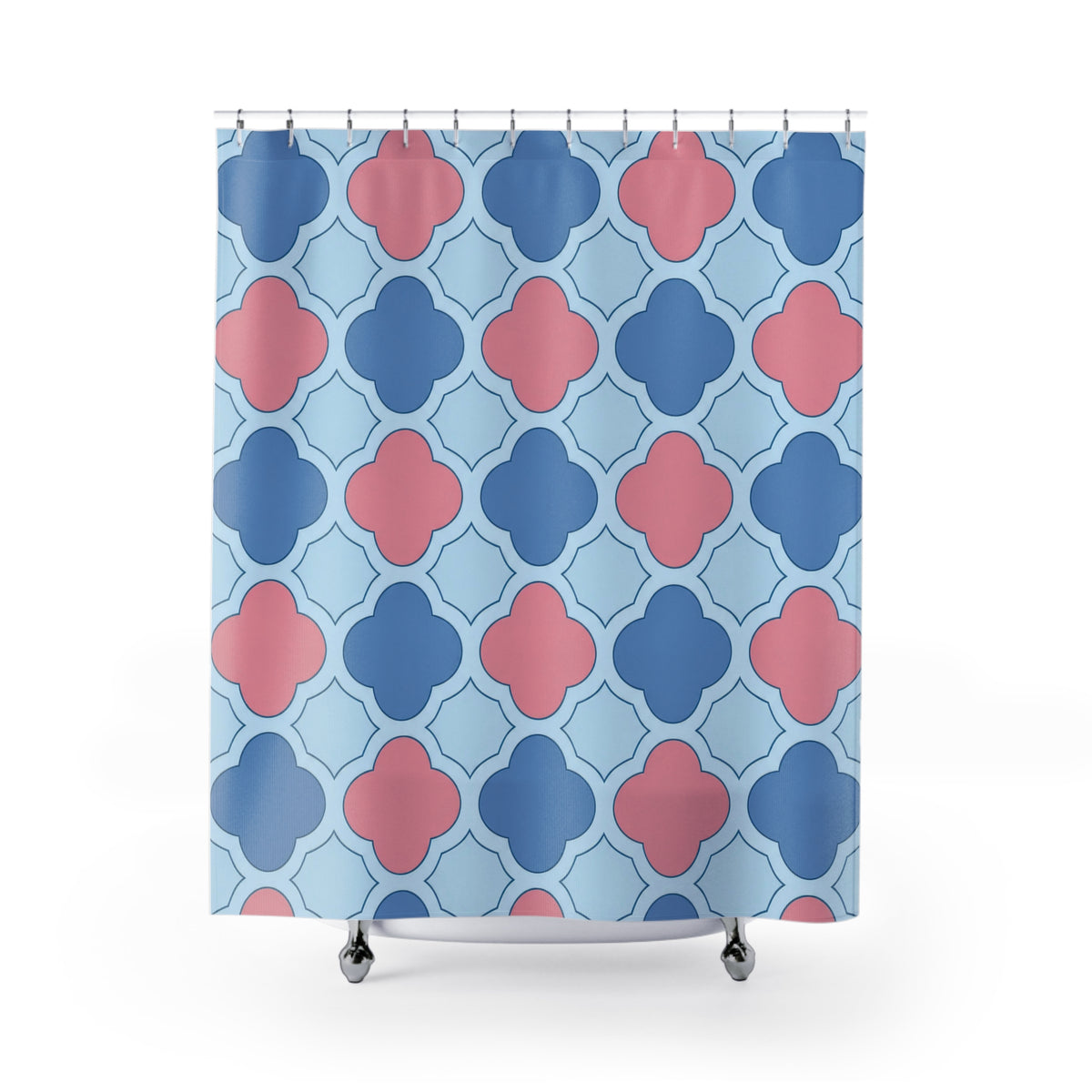 Blue and pink quatrefoils on a pale blue ground shower curtain with full front view