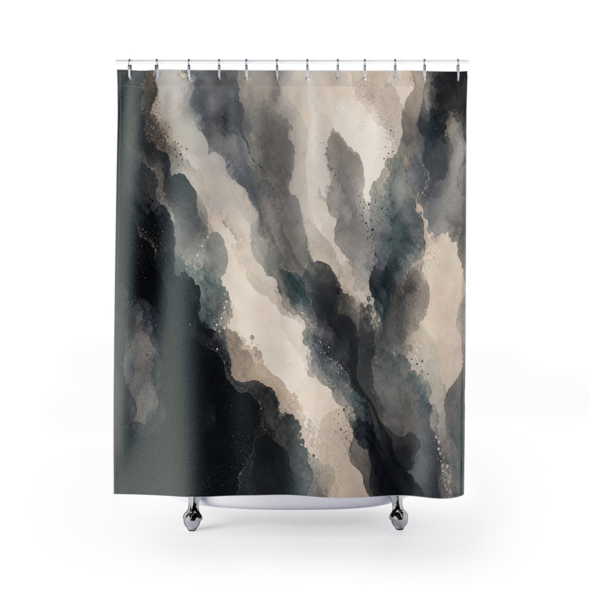 Black Abstract Shower Curtain, Gray Cream Modern Bath Decor, Smoky Mineral Pattern, Modern Smoky Dark Neutral Guest Bathroom Decor Style