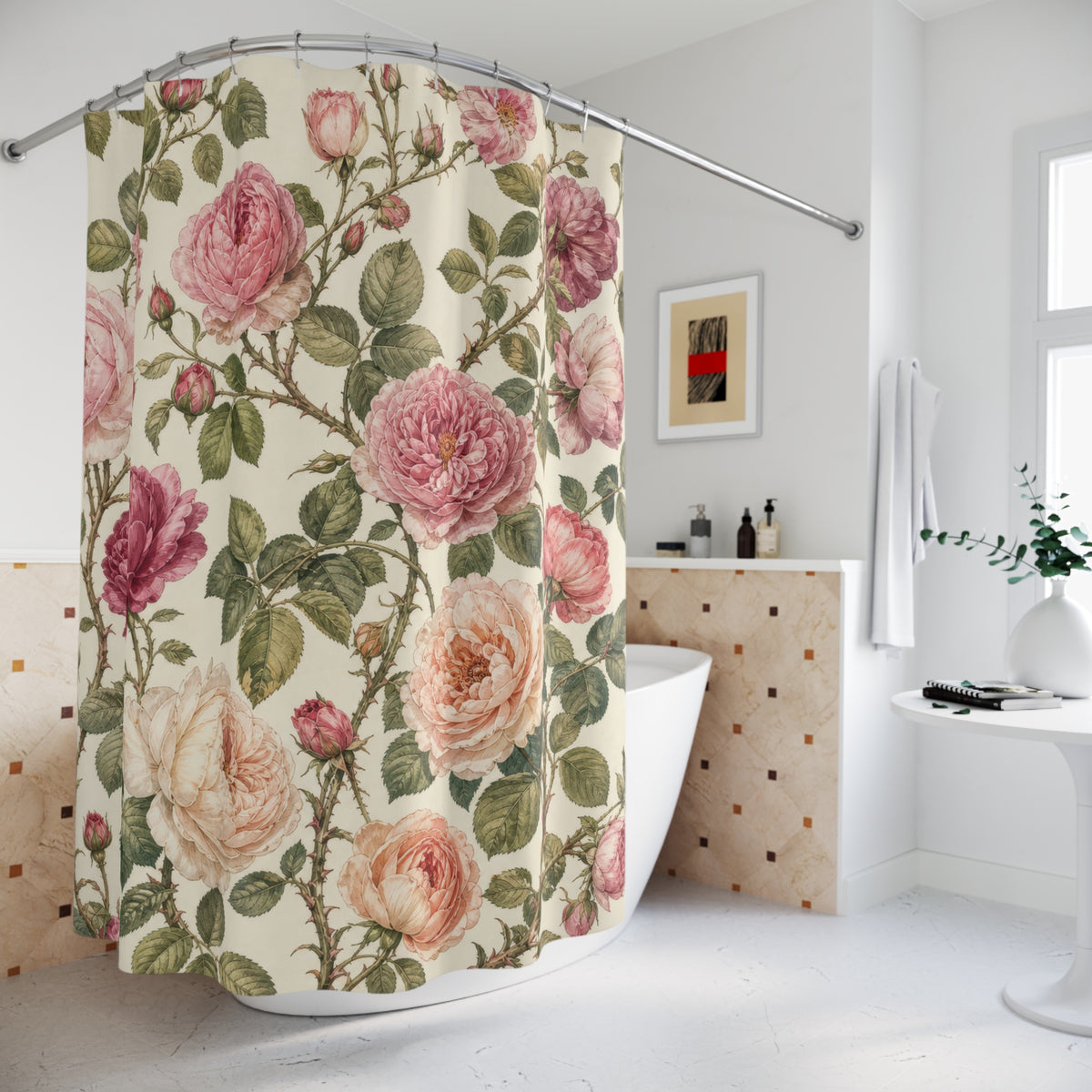 Vintage Pink Floral Botanical rose shower curtain beside a freestanding tub