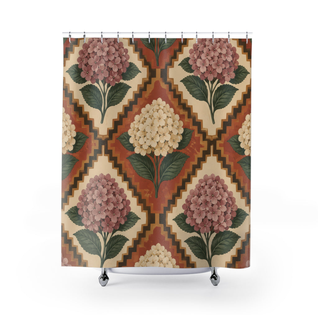 Mauve and cream hydrangeas inside terracotta diamonds shower curtain with full front view