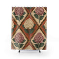 Mauve and cream hydrangeas inside terracotta diamonds shower curtain with full front view