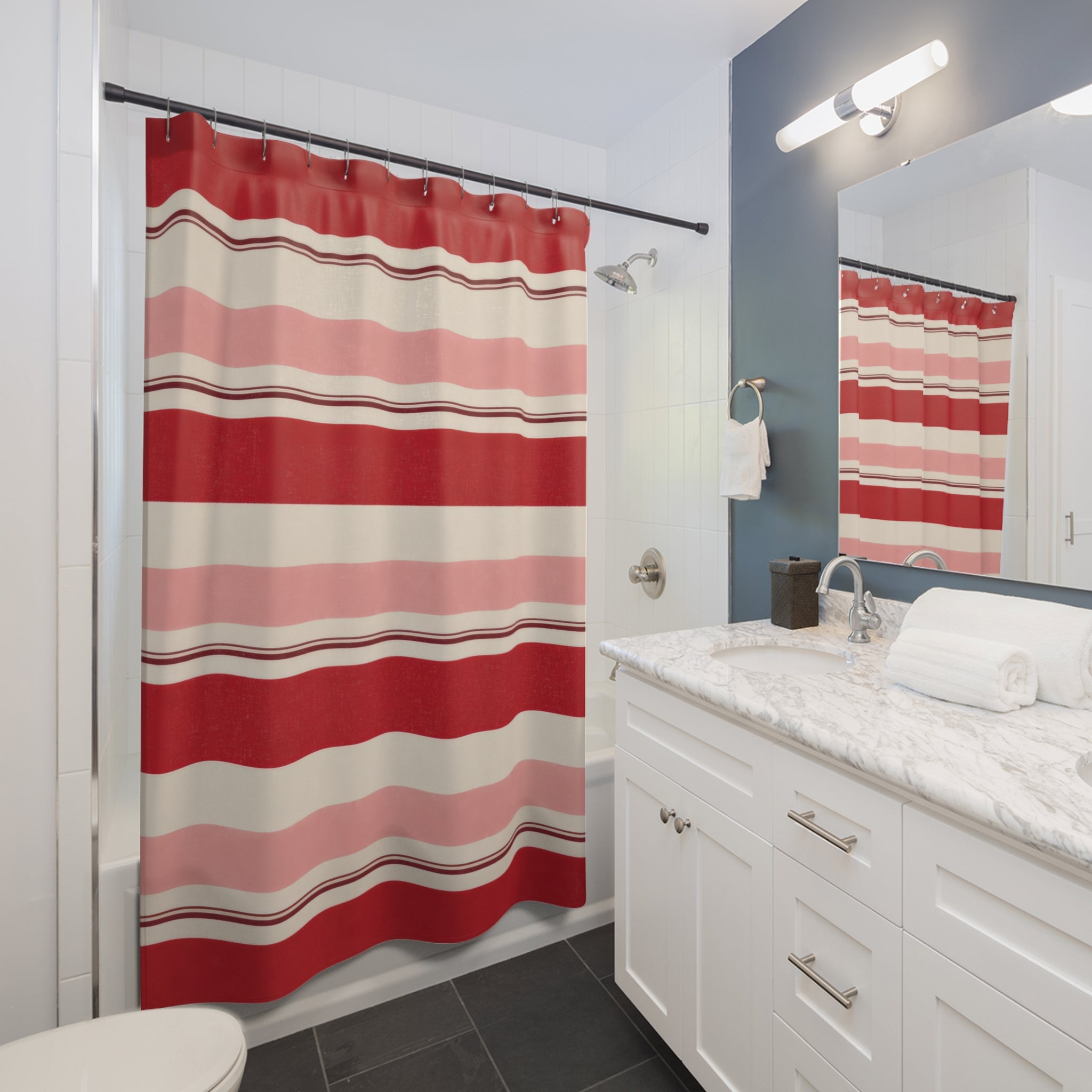 Cranberry Horizontal Stripe Shower Curtain, Cranberry Blush Classic Bathroom Decor, Modern Stripe Bath Curtain, Guest Bath Decor, Home Decor
