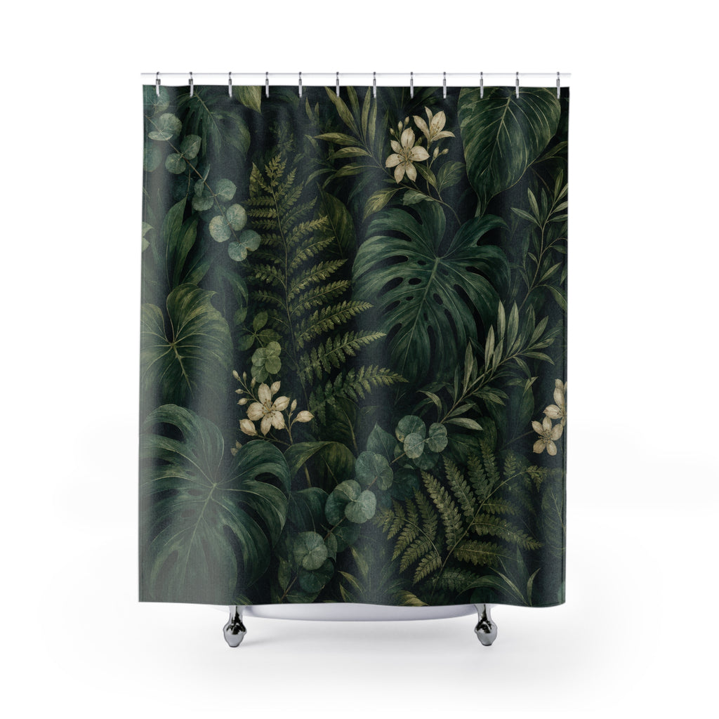 Dark Green Shower Curtain: Tropical Botanical Leaf Pattern