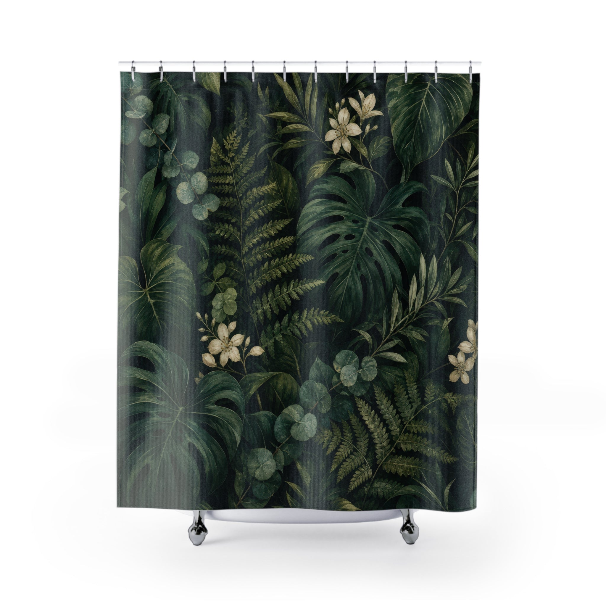 Dark Green Shower Curtain: Tropical Botanical Leaf Pattern