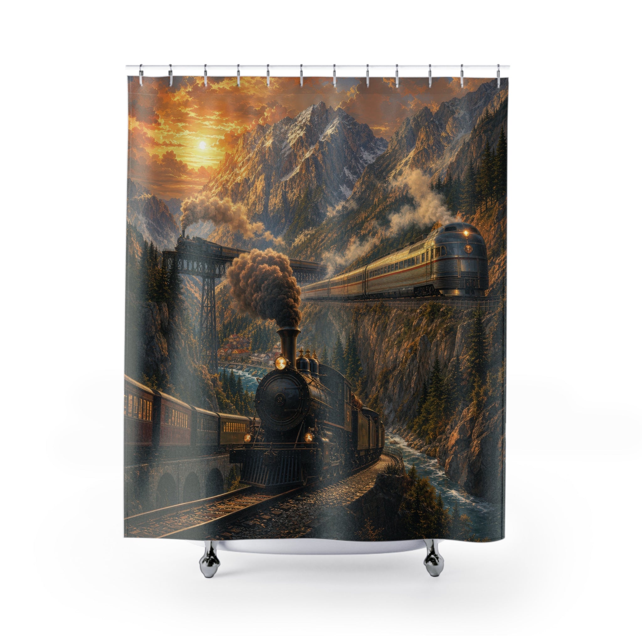 Train Shower Curtain: Vintage Railroad Mountain