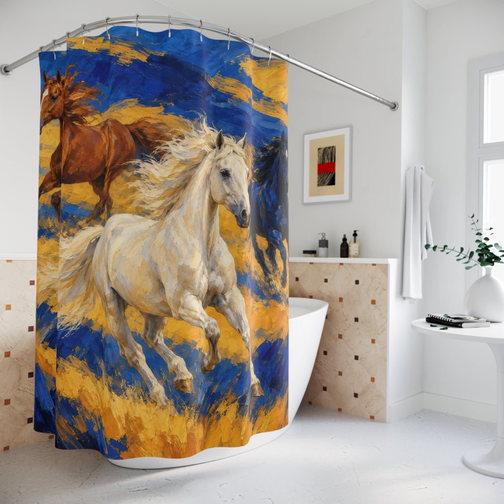 Ivory, chestnut and blue horses on cobalt and saffron shower curtain beside a freestanding tub