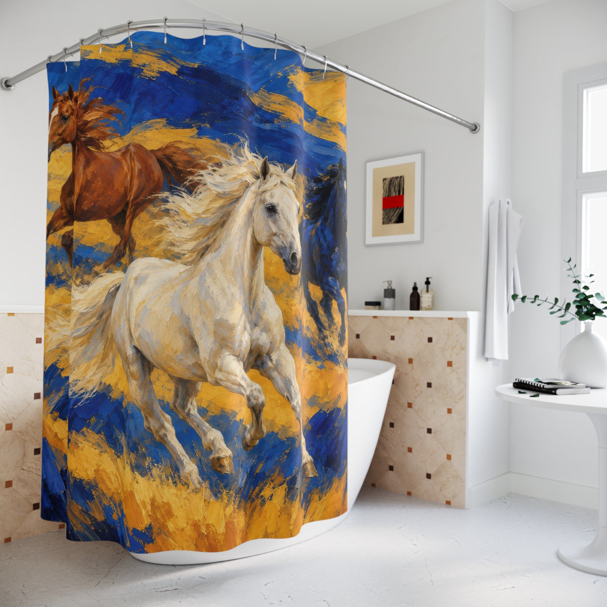 Ivory, chestnut and blue horses on cobalt and saffron shower curtain beside a freestanding tub
