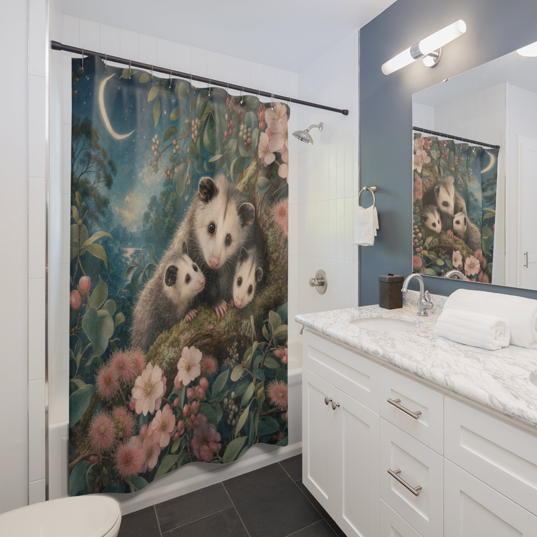 Possum Shower Curtain: Cute Woodland Animal Floral
