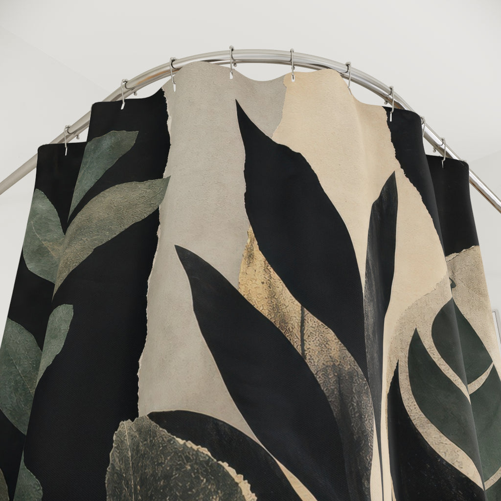 Black Botanical Shower Curtain, Deep Green Leaf Bath Decor, Cream Tropical Foliage Pattern, Moody Nature Guest Bathroom Decor Style