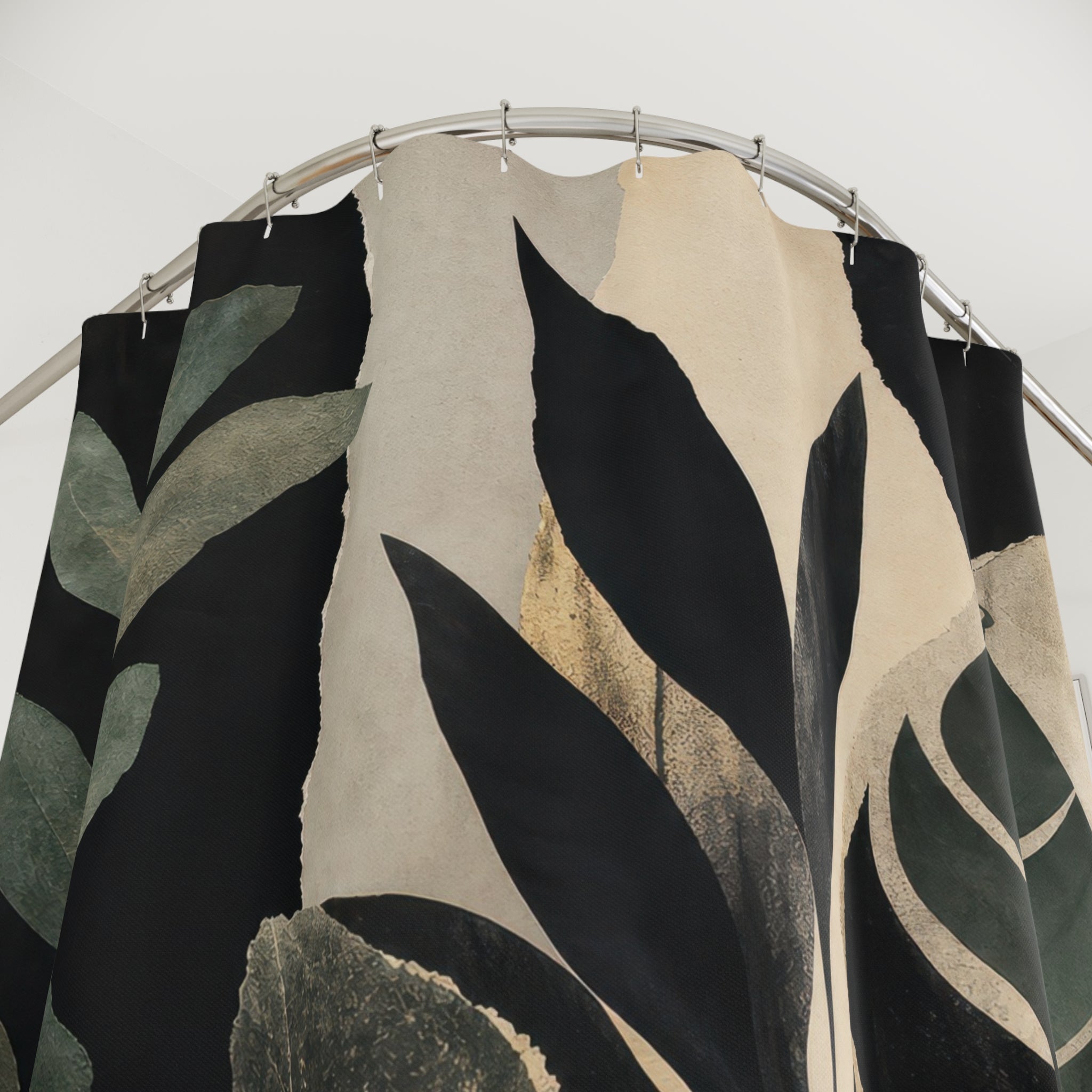 Black Botanical Shower Curtain, Deep Green Leaf Bath Decor, Cream Tropical Foliage Pattern, Moody Nature Guest Bathroom Decor Style
