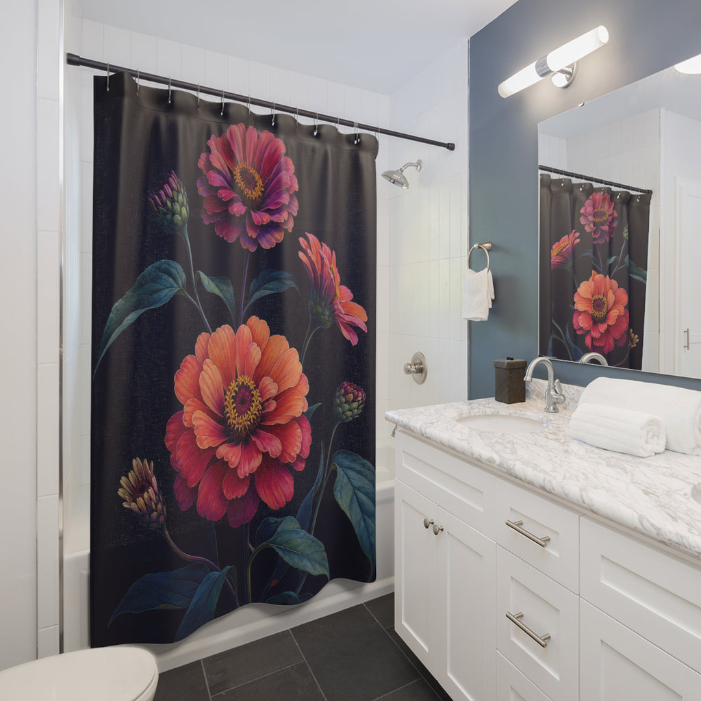 Midnight zinnias on deep indigo shower curtain beside a white vanity