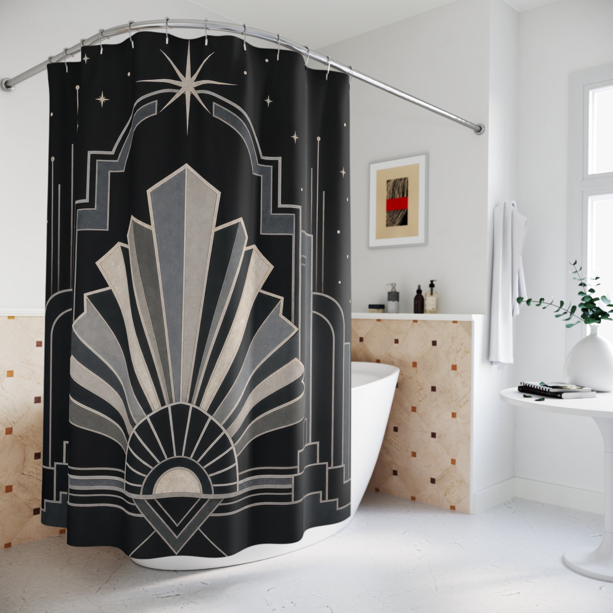 Black Silver Art Deco Shower Curtain