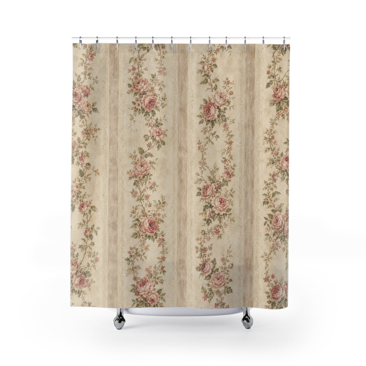 Pink Rose Vintage striped floral shower curtain with full front view