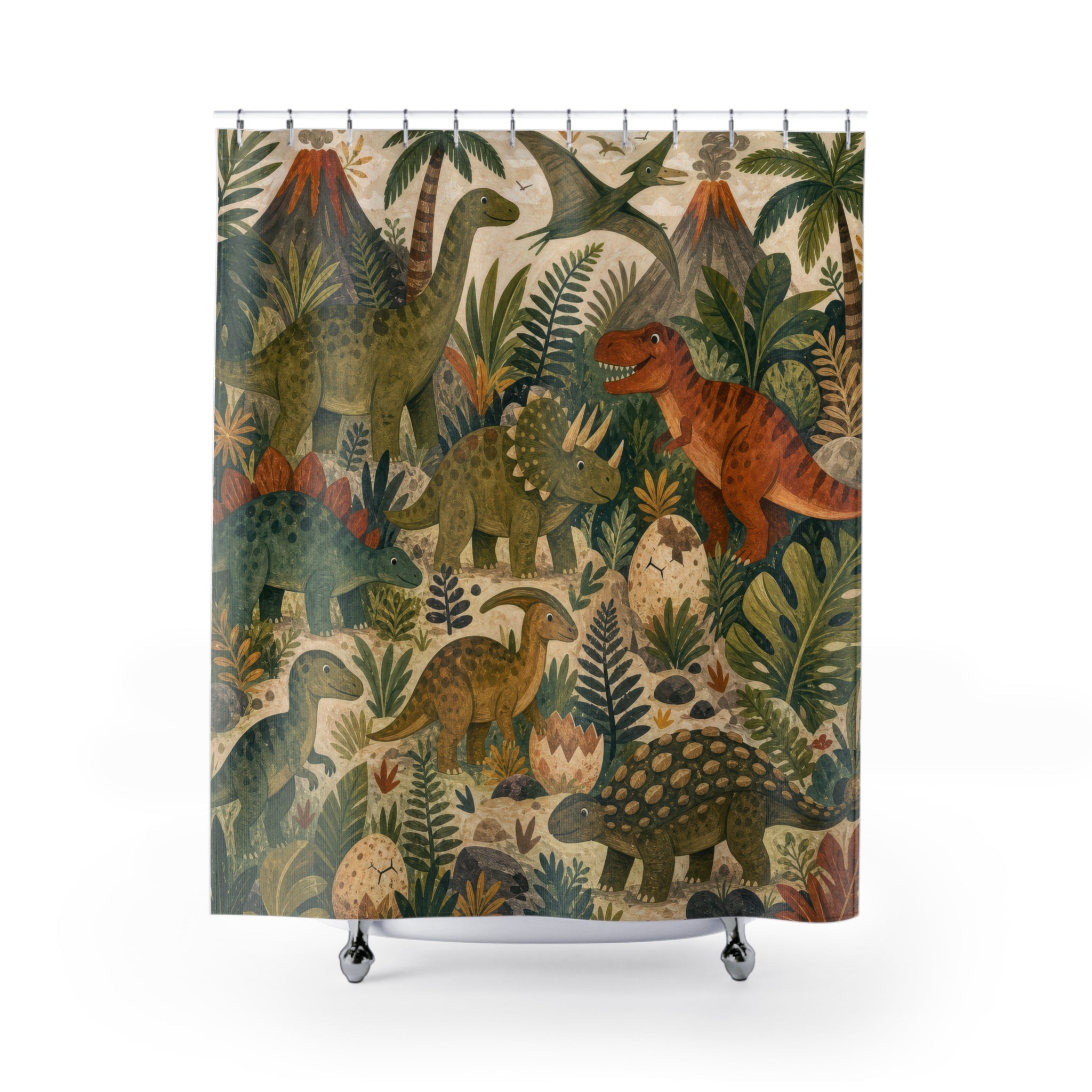Dinosaur Jungle Shower Curtain, Prehistoric Kids Bathroom Decor, Volcano and Fern Bath Curtain, Boys Dinosaur Bathroom Art, Boys Bath Decor