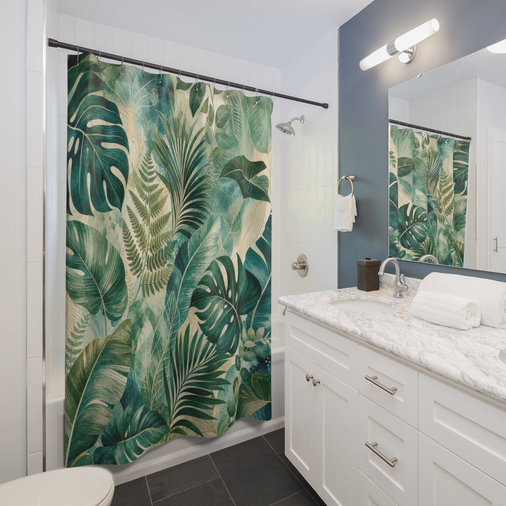 Green and Teal Shower Curtain: Tropical Leaf Pattern