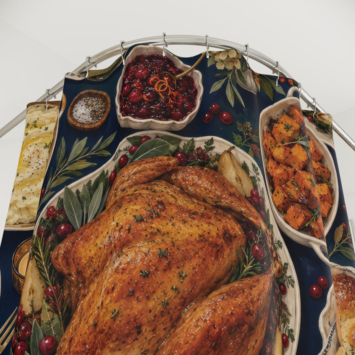 Roast turkey feast with cream dishes on navy shower curtain with close-up print, hooks, and folds