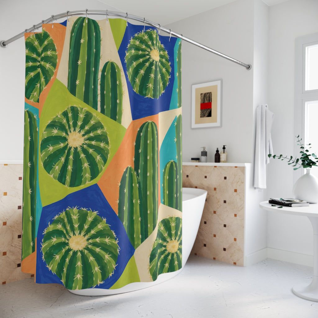 Green barrel and column cactus in colorful geometric panels shower curtain beside a freestanding tub