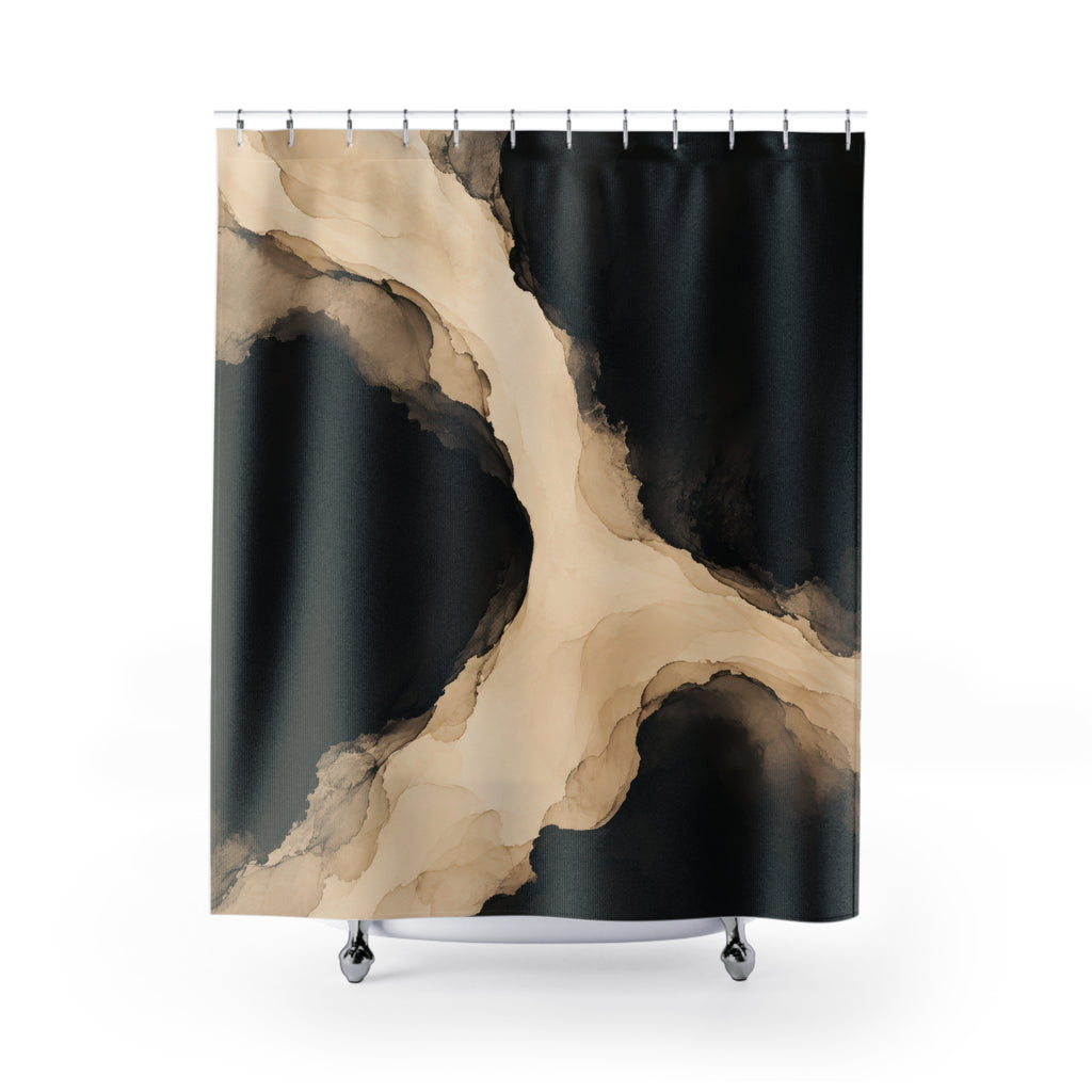Beige and black fluid ink wash shower curtain with full front view