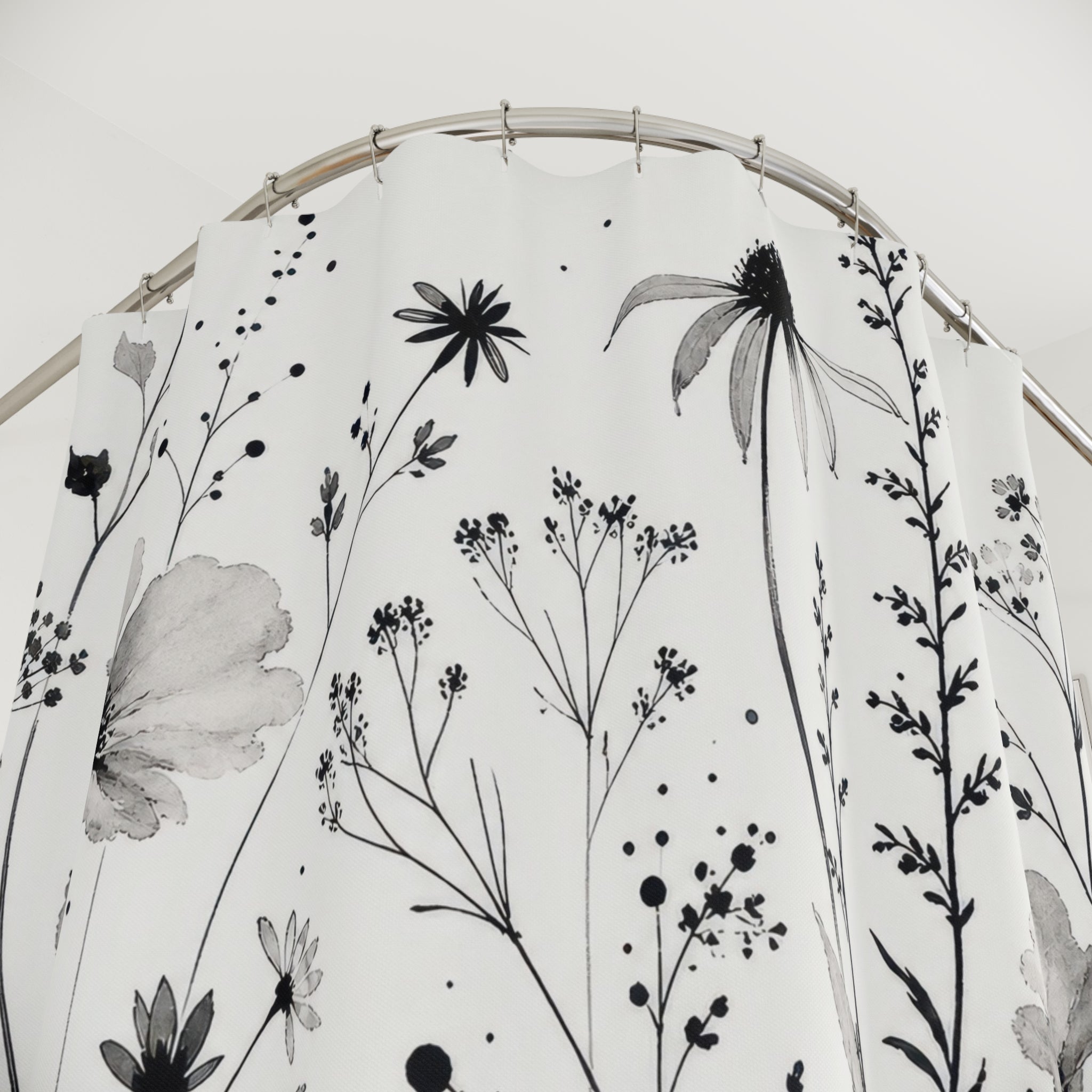 Black White Floral Wildflower Flower Botanical Cottage Shower Curtain