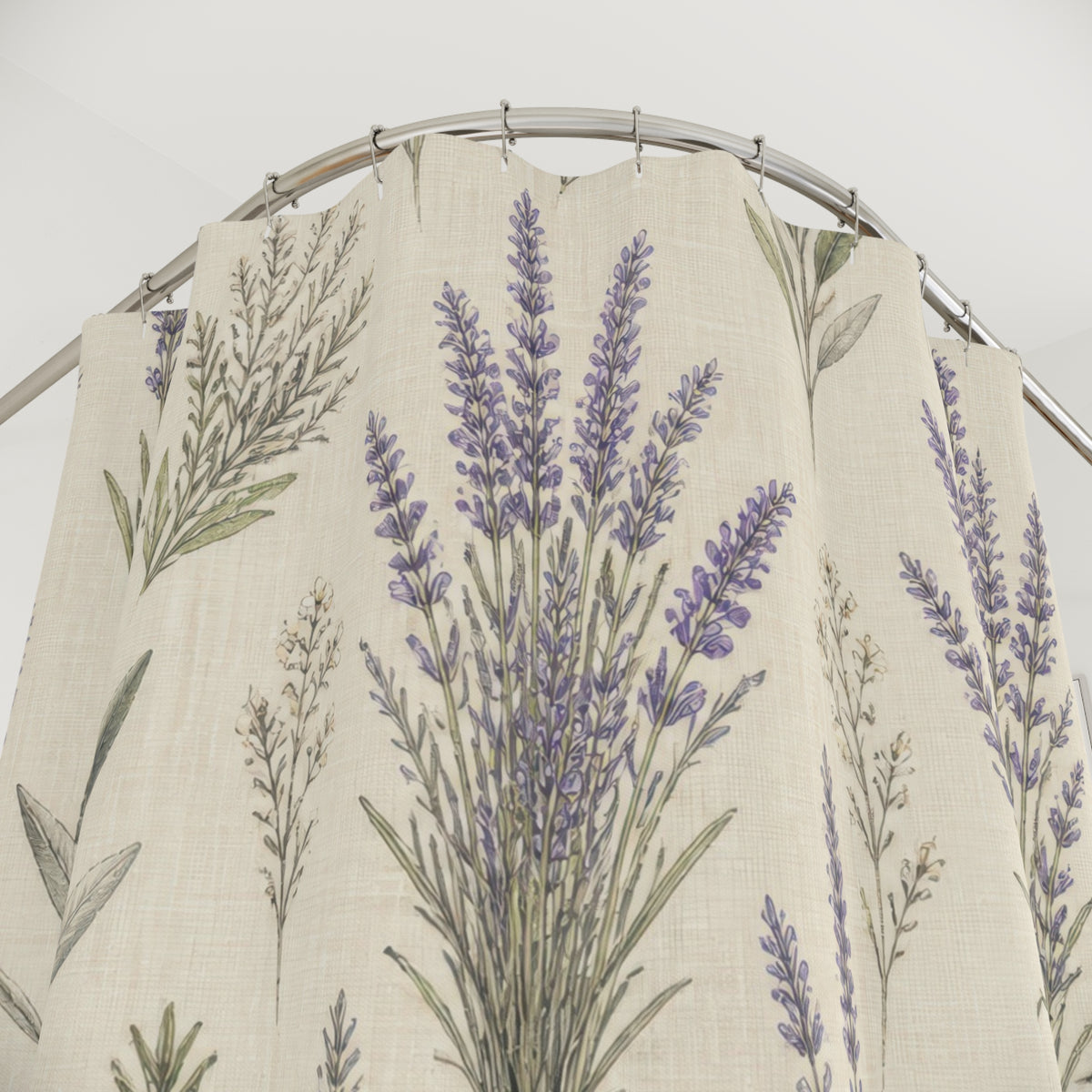 Purple Herb Botanical Lavender Floral Farmhouse shower curtain with close-up print, hooks, and folds