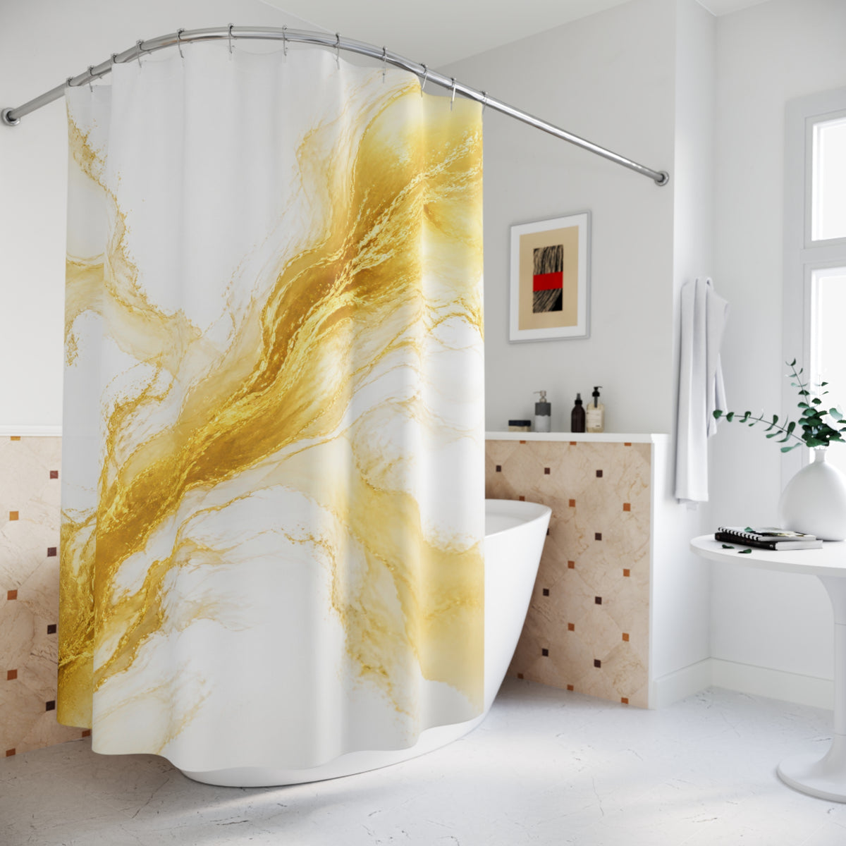 Flowing gold abstract brush forms on white shower curtain beside a freestanding tub