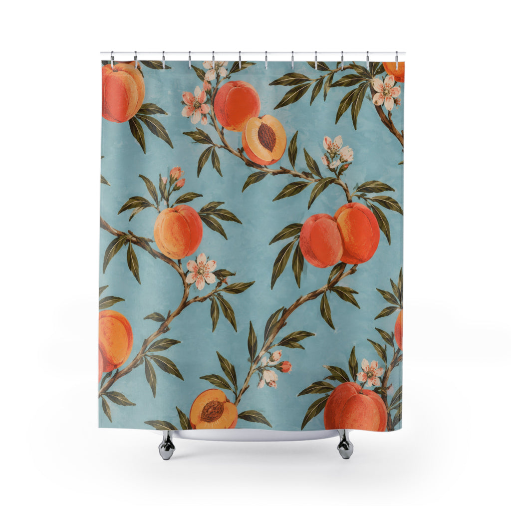 Peaches and leafy branches on pale blue shower curtain with full front view
