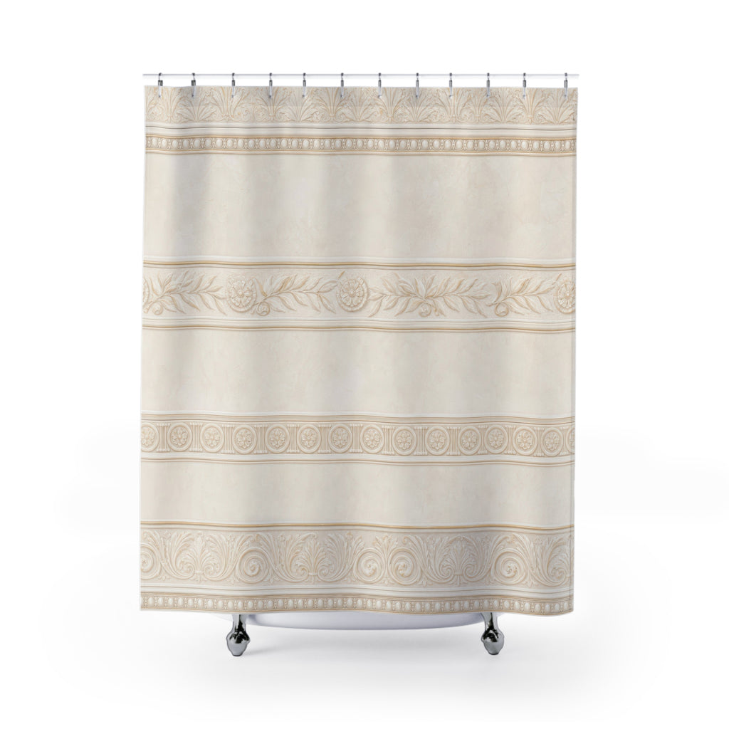 Striped Shower Curtain, Cream Beige Bath Decor, Ornamental Border Pattern, Elegant Neutral Guest Bathroom Decor, Classic Border Style