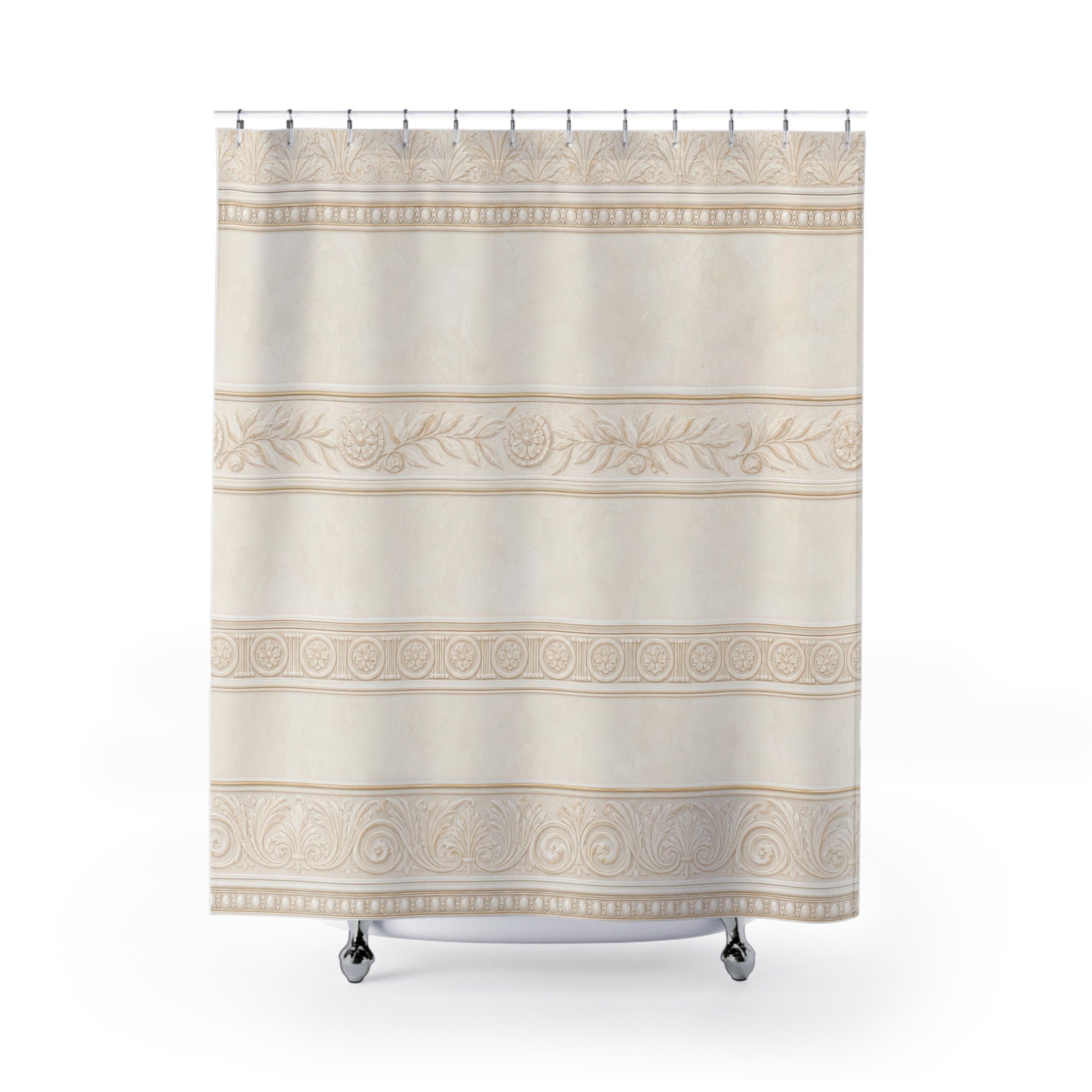 Striped Shower Curtain, Cream Beige Bath Decor, Ornamental Border Pattern, Elegant Neutral Guest Bathroom Decor, Classic Border Style