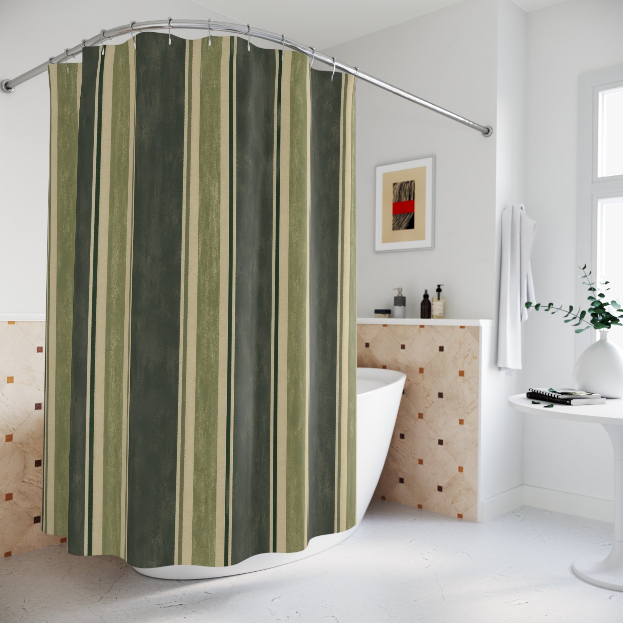 Dark Olive Green Charcoal Stripe Shower Curtain