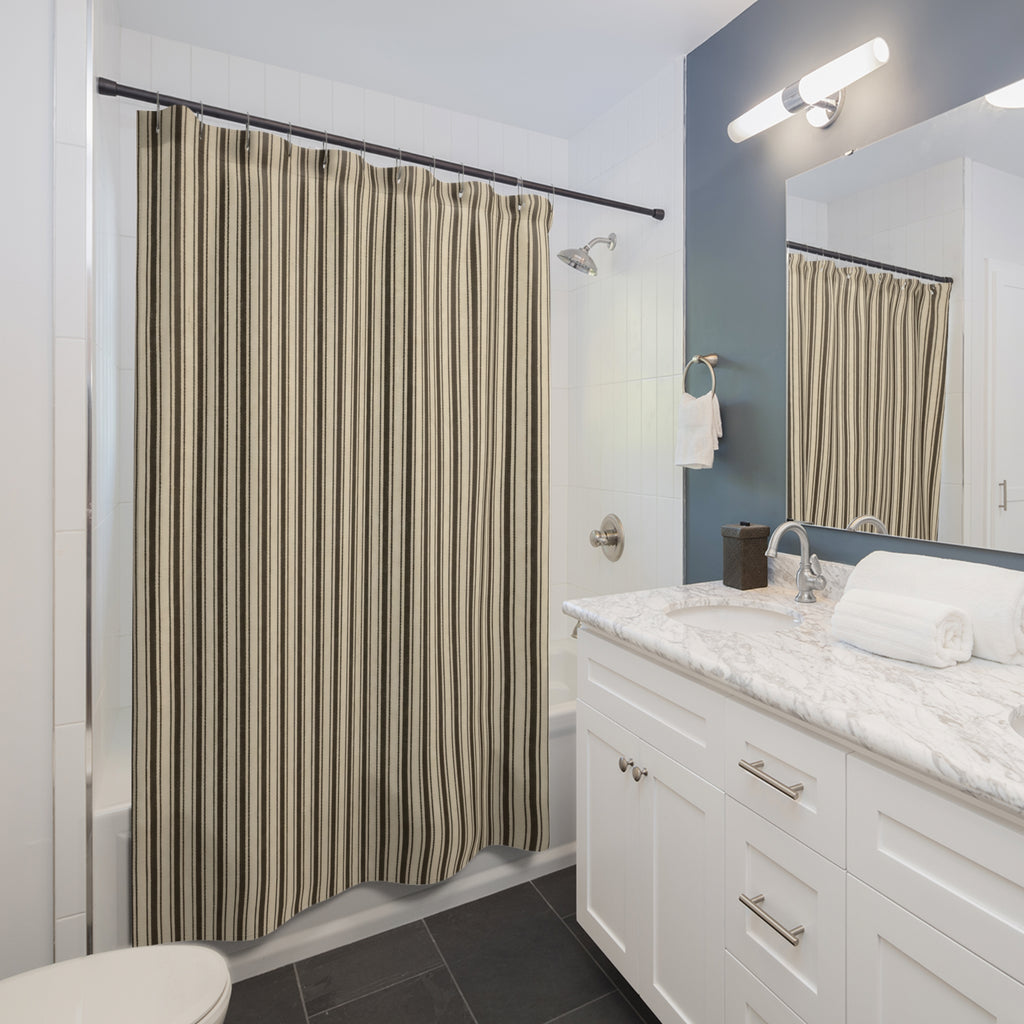 Striped Shower Curtain, Brown Beige Pinstripe Bath Decor, Dense Cream Vertical Line Pattern, Tailored Neutral Guest Bathroom Style