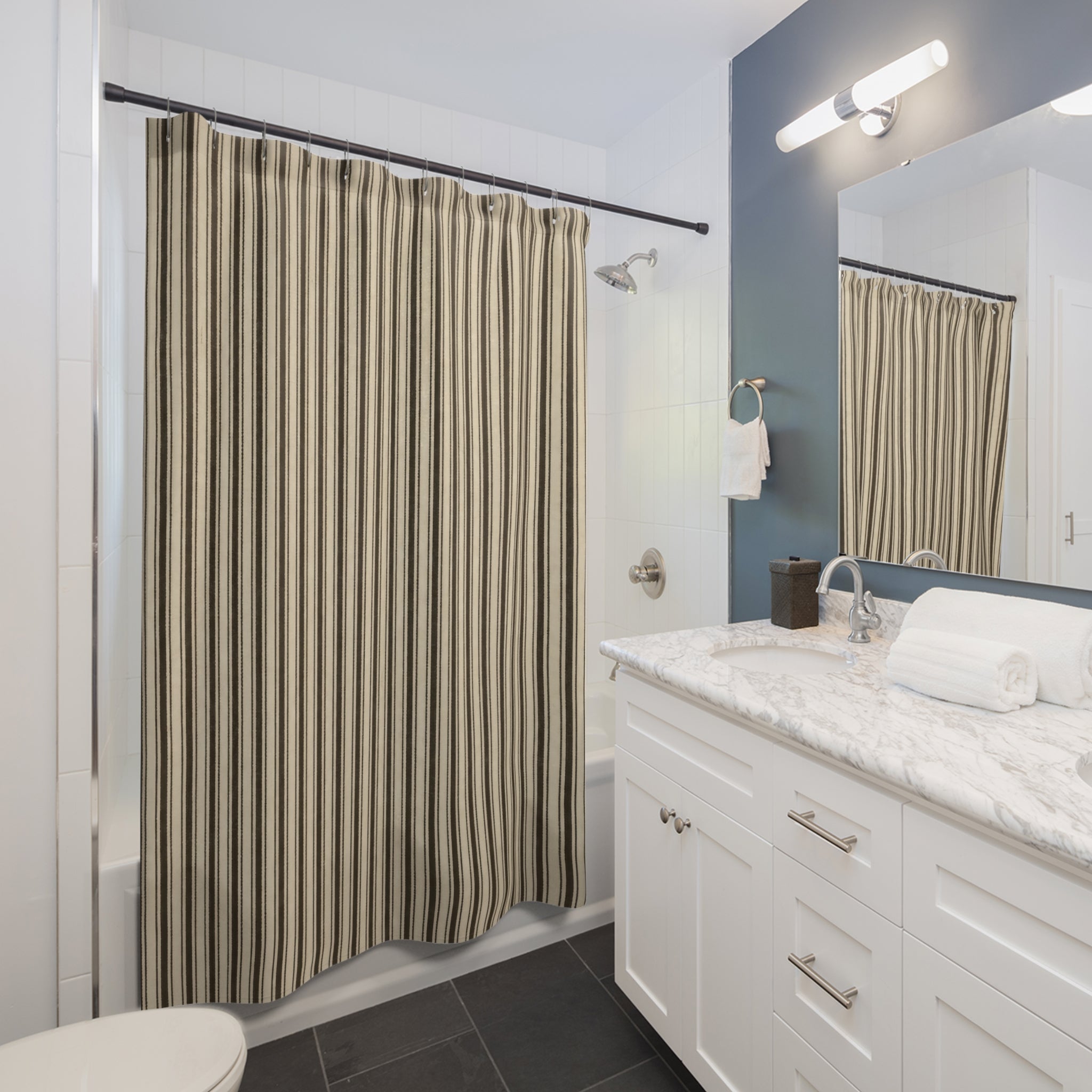 Striped Shower Curtain, Brown Beige Pinstripe Bath Decor, Dense Cream Vertical Line Pattern, Tailored Neutral Guest Bathroom Style