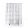Fine gray diamond lattice with charcoal dots on white shower curtain with full front view