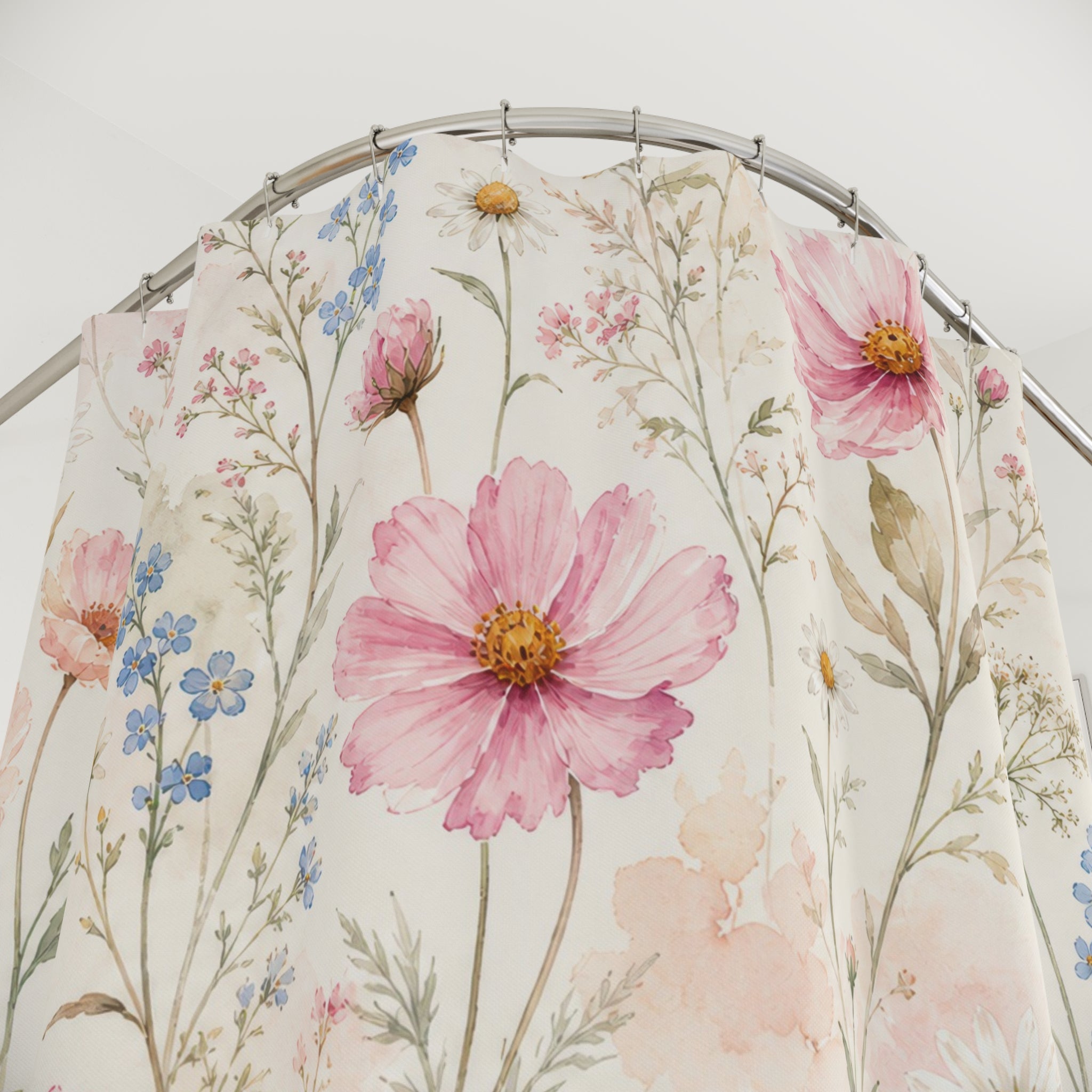 Cosmos Blue Wildflower Watercolor Shower Curtain