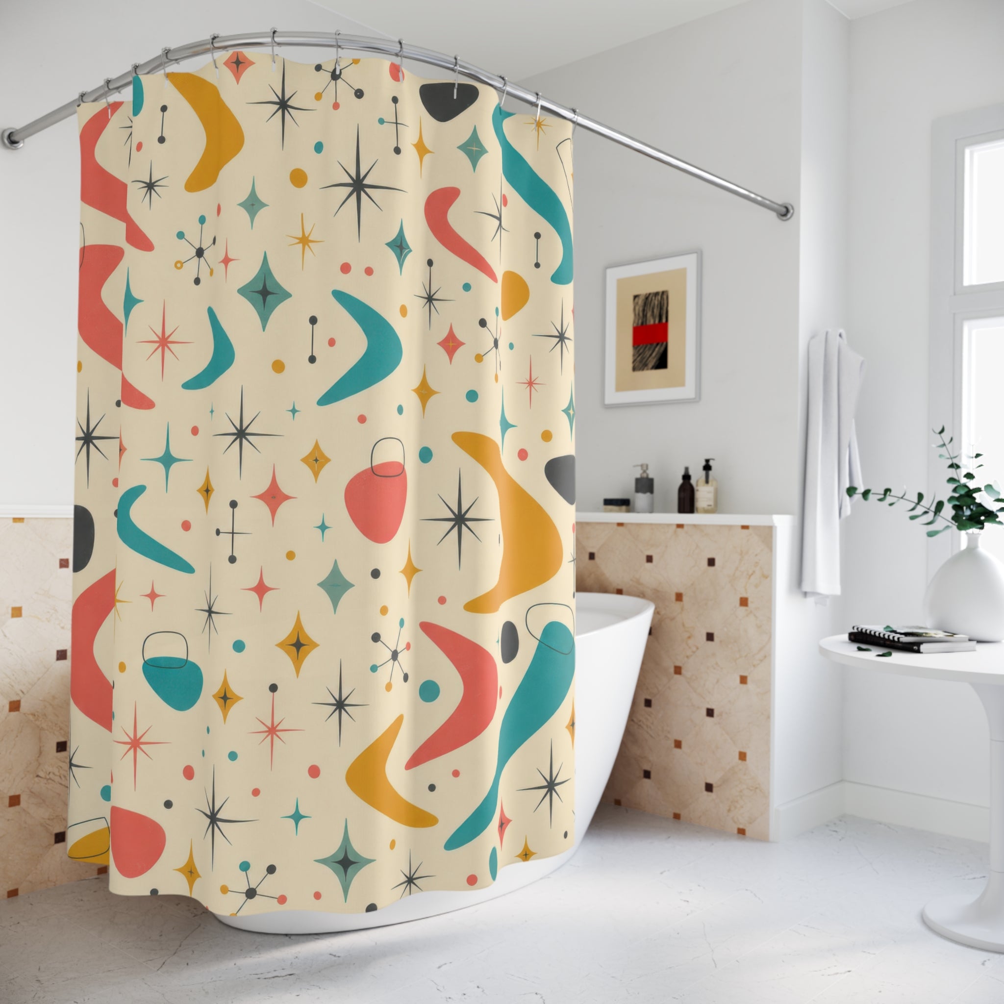 50s Shower Curtain, Retro Atomic Bath Decor, Teal Orange Yellow Starburst Pattern, Mid Century Modern Cream Guest Bathroom Style Decor