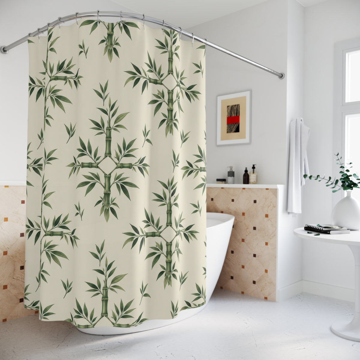 Sage bamboo ornaments and leaf sprigs on cream shower curtain beside a freestanding tub
