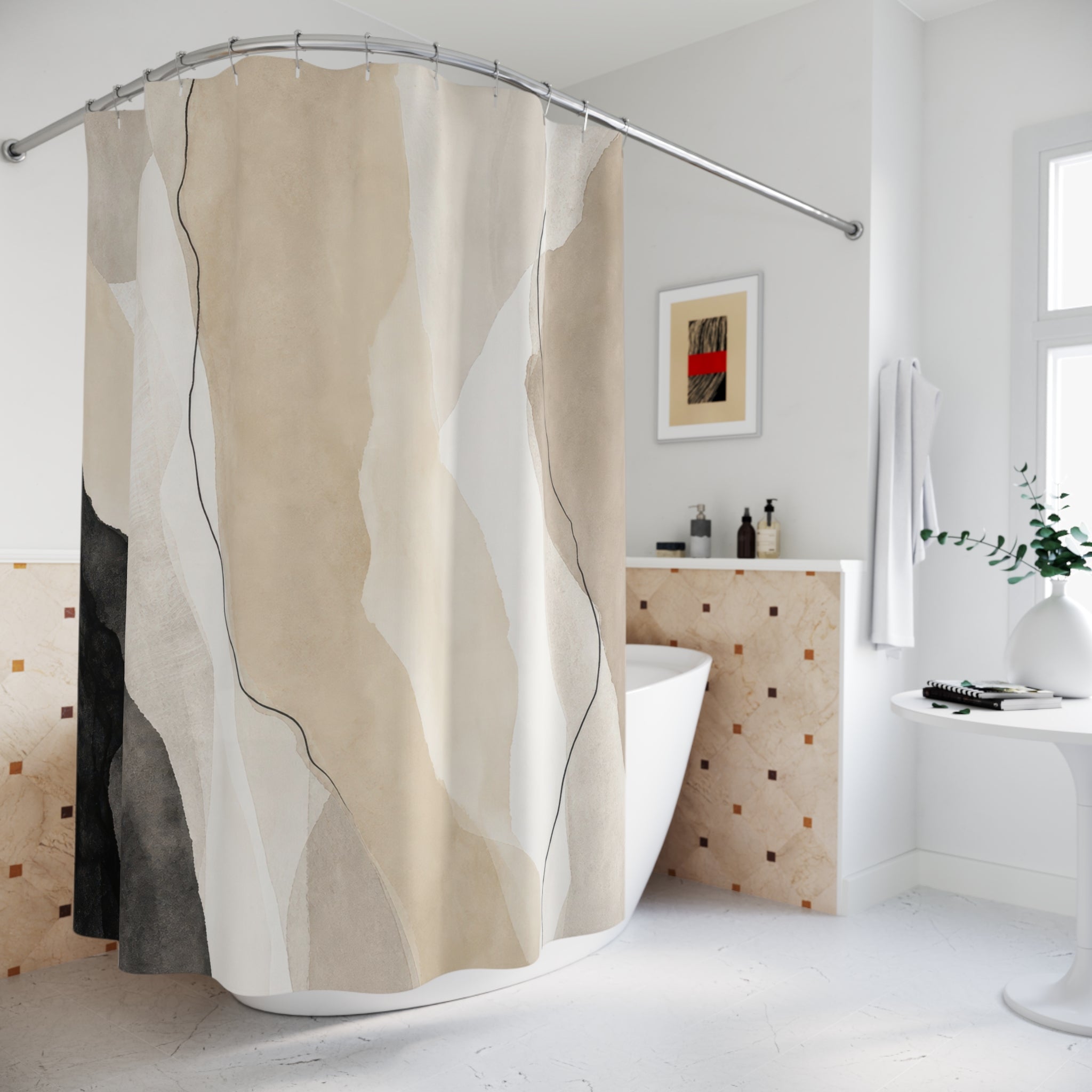 Black Beige Faceted Landscape Shower Curtain