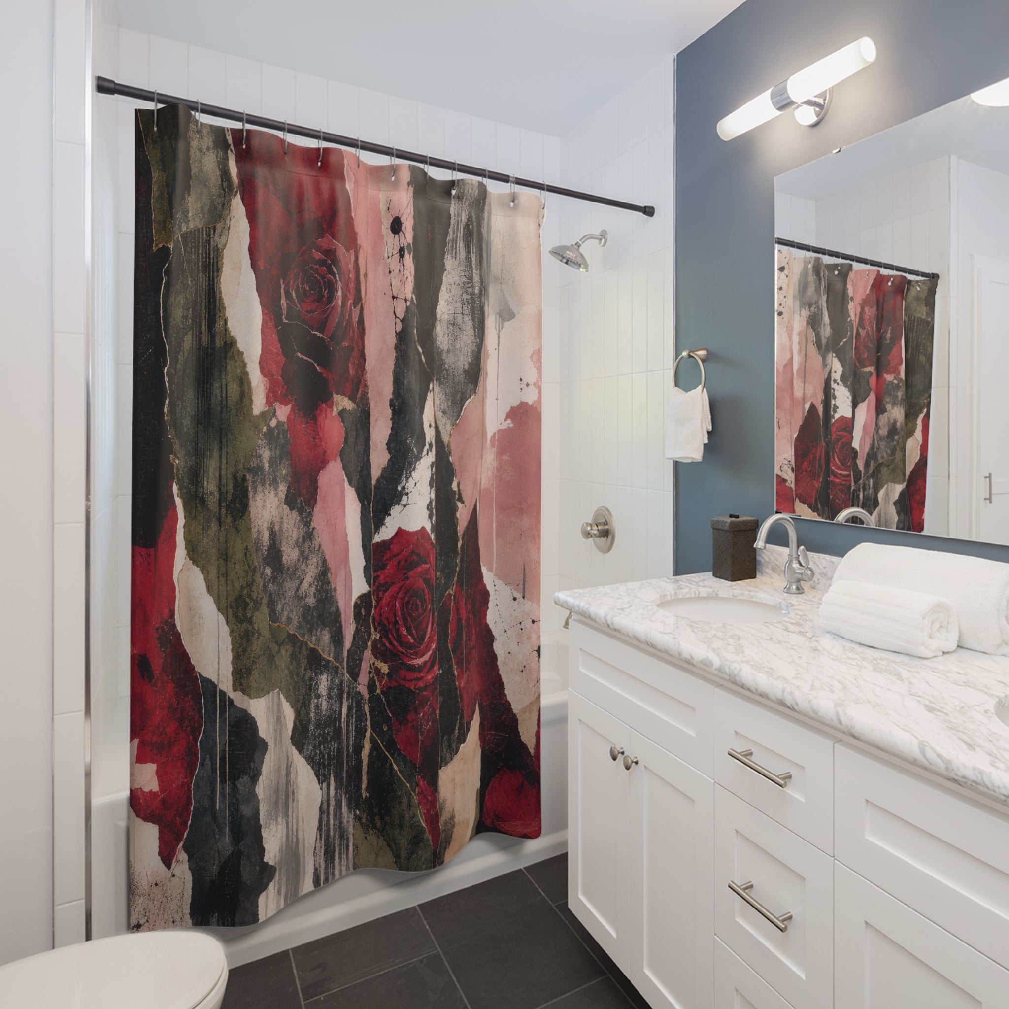 Dark Floral Shower Curtain, Red Rose Abstract Art, Black White Bathroom Decor, Moody Botanical Bath, Modern Romantic Decor, Guest Bath