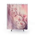 Blush and lilac watercolor branch sweeping across an airy field shower curtain with full front view