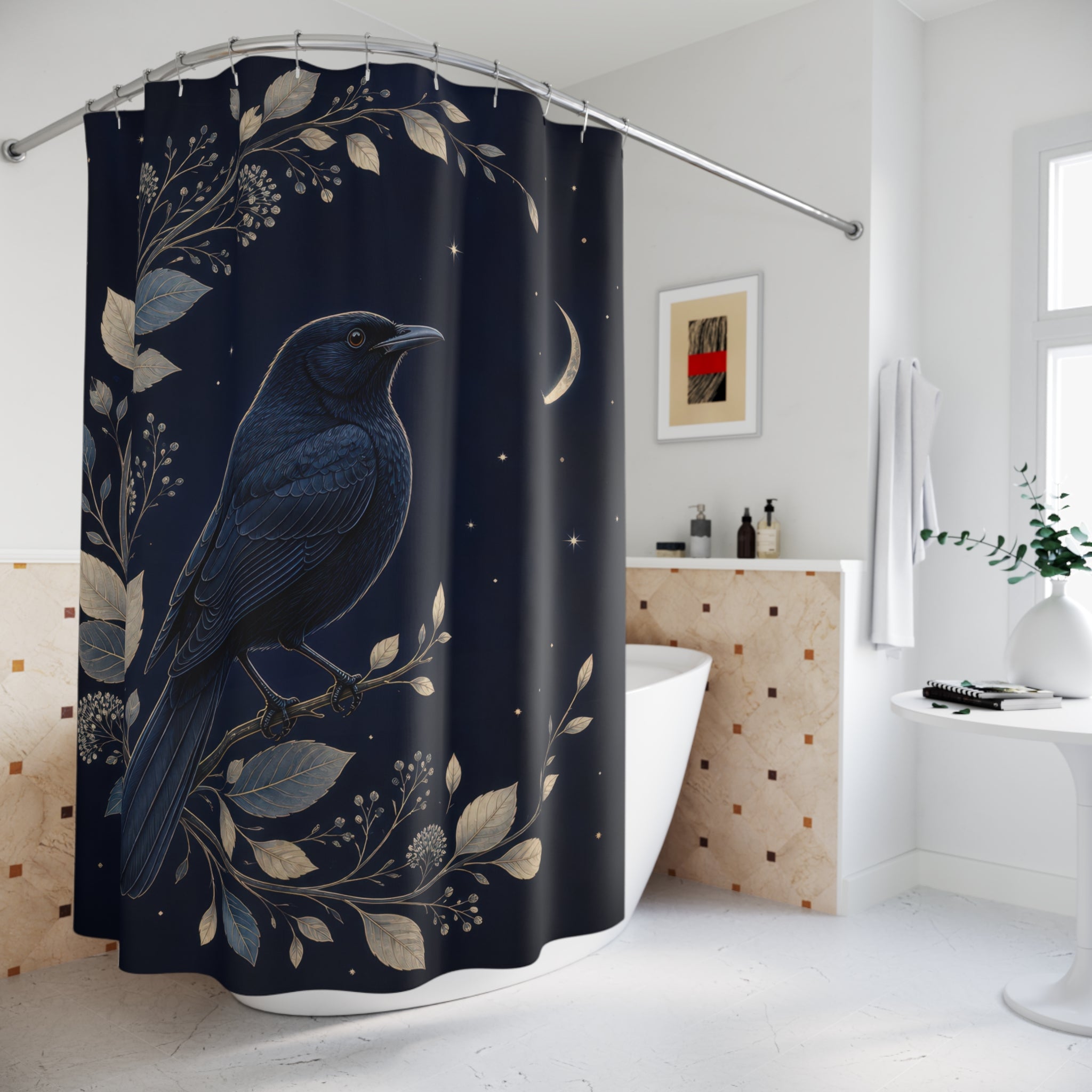 Blackbird framed by silver botanicals and a crescent moon shower curtain beside a freestanding tub