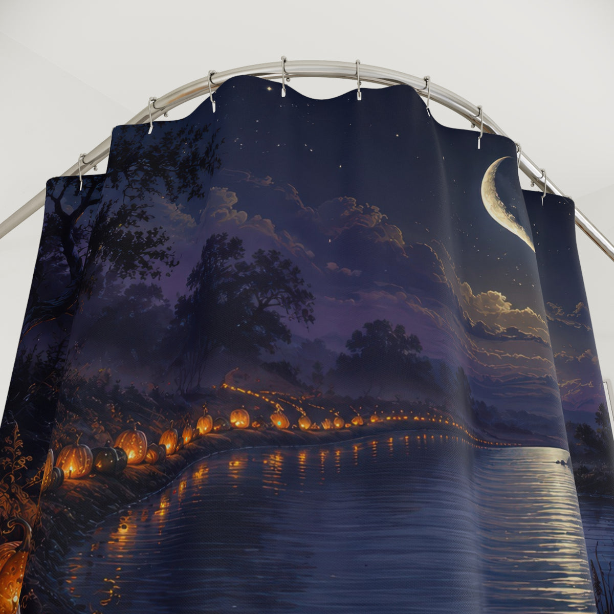 Moonlit pumpkin river landscape shower curtain with close-up print, hooks, and folds