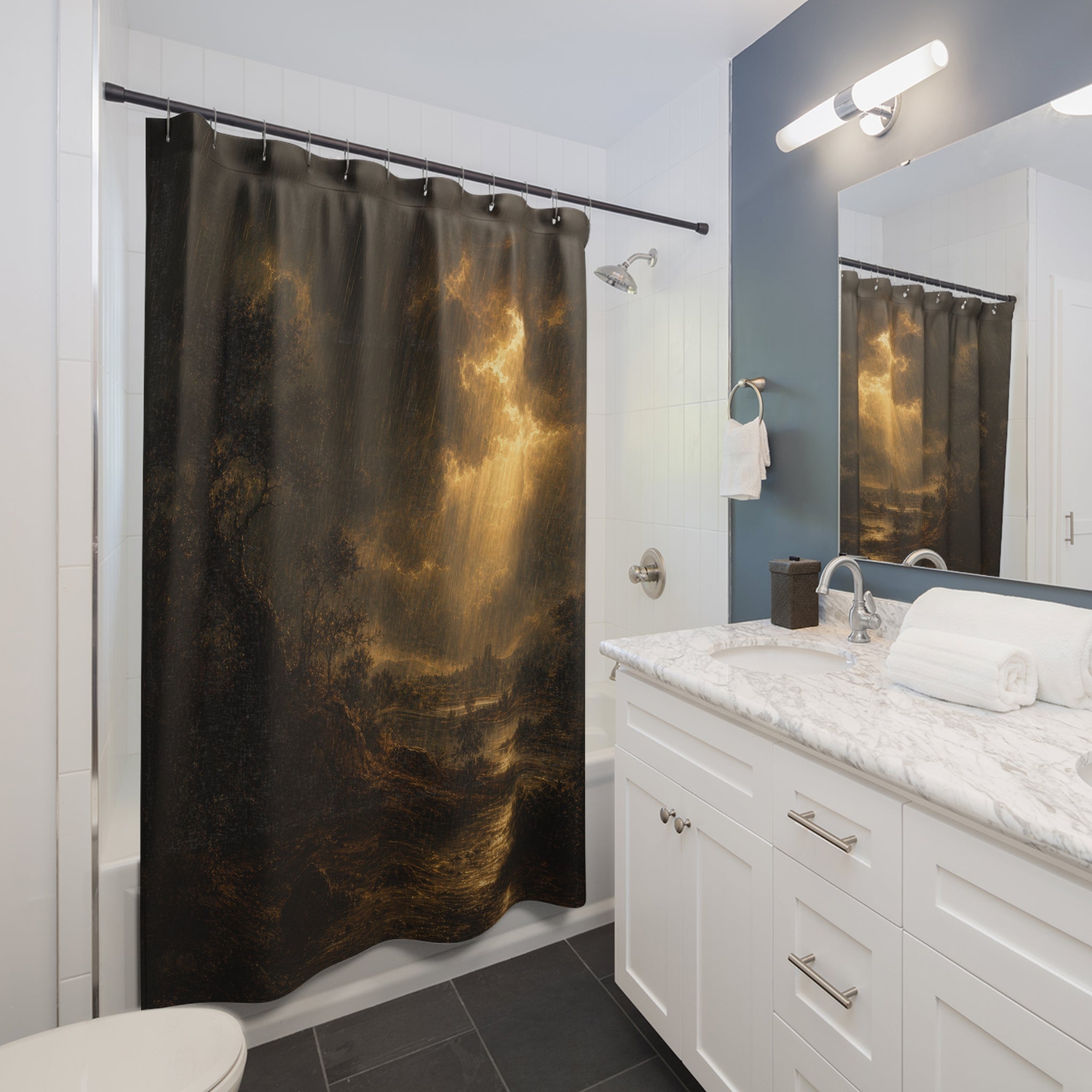 Gold Chiaroscuro Storm Print Shower Curtain