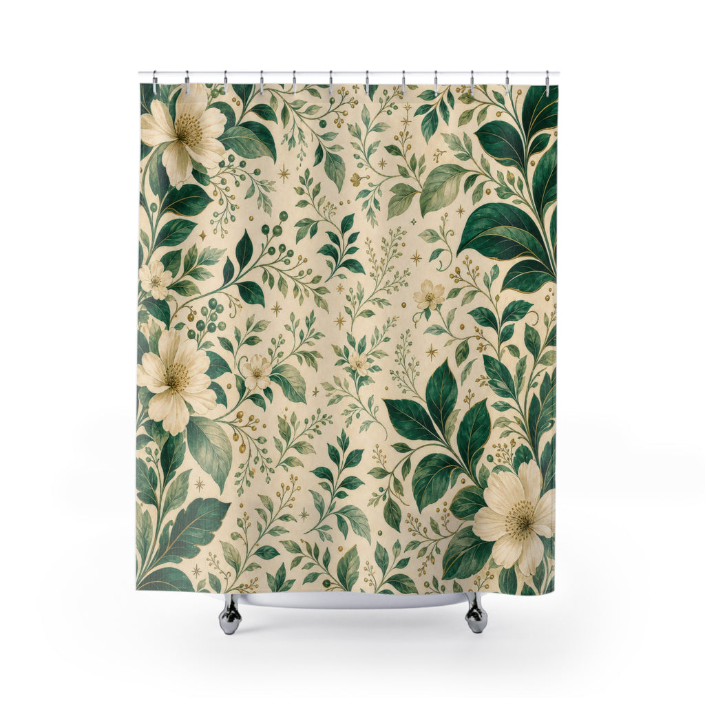 Emerald Botanical Green White Shower Curtain