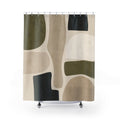 Abstract Shower Curtain, Olive Charcoal Beige Cutout Pattern, Green Black Bathroom Decor, Modern Neutral Guest Bath Style