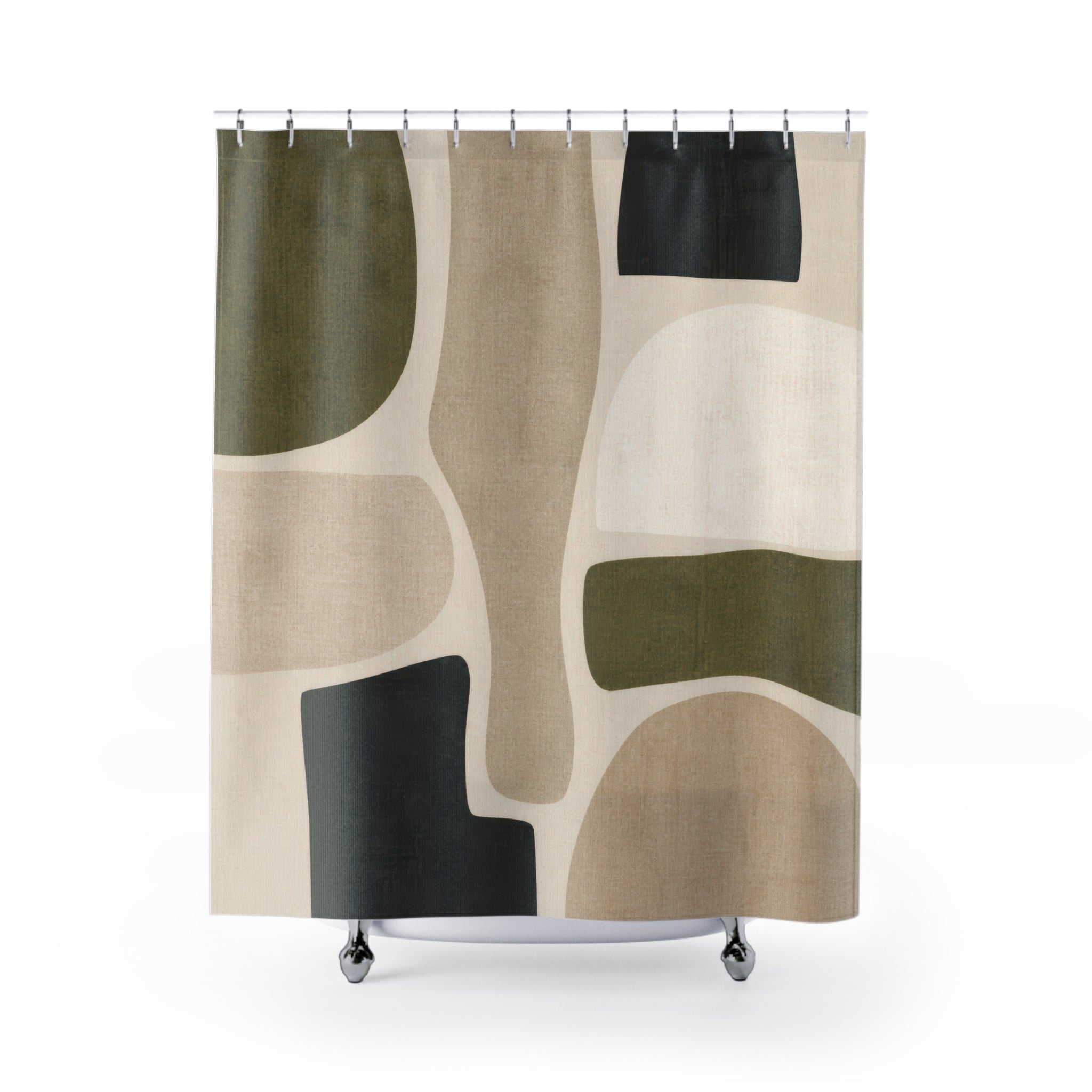 Abstract Shower Curtain, Olive Charcoal Beige Cutout Pattern, Green Black Bathroom Decor, Modern Neutral Guest Bath Style