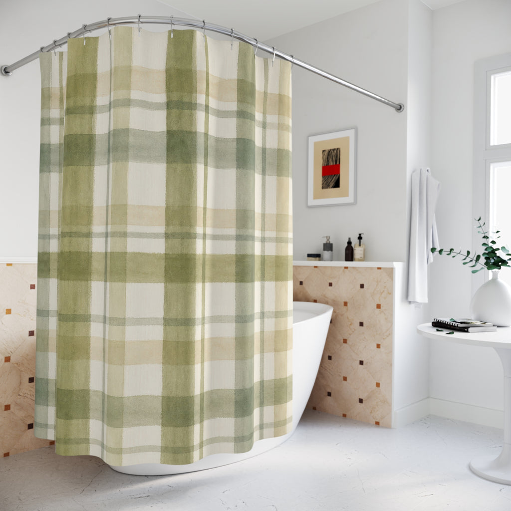 Moss Cream Farmhouse Check Shower Curtain